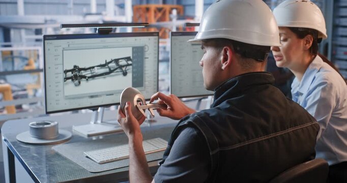 Female Specialist Points to CAD Graphics on Screen as Male Engineer Checks Machined Part with Caliper. Quality Assurance and Digital Twin Technology Optimize Smart Factory Automotive Workflows.