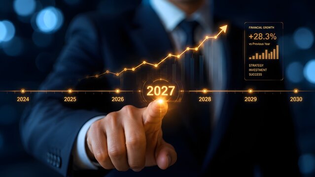 Financial growth chart for 2027, business success timeline, glowing data visualization