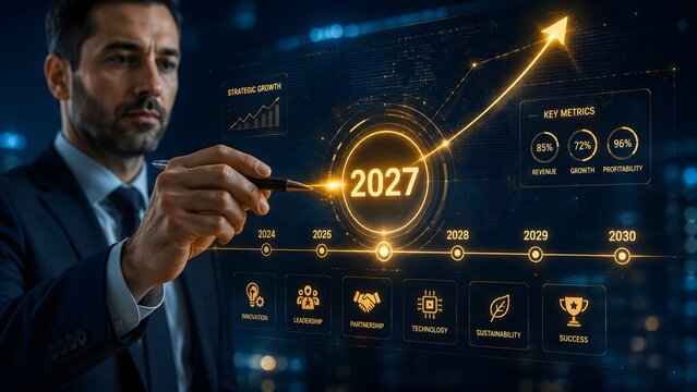 Business growth strategy 2027, executive planning future success, financial data visualization