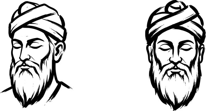 Guru Nanak Dev Ji head face portrait vector illustration set sikh guru with closed eyes turban and beard in three quarter and front view clean black line art isolated on white background