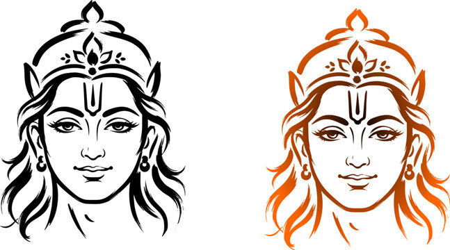 Lord Rama head face vector illustration serene Shree Ram portrait with mukut crown tilak mark and gentle smile set in black line art and saffron orange gradient color isolated on white background