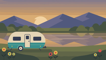 Obraz premium Retro camper trailer parked on lakeshore at sunset with beautiful purple mountains and wildflowers in forest.