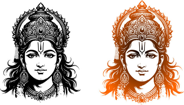 Lord Rama head face vector illustration serene Shree Ram portrait with ornate mukut crown tilak mark and detailed jewelry set in black line art and saffron orange gradient color isolated on white 