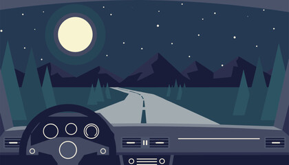 Obraz premium View from inside a car driving on an empty highway through a pine forest under a starry night sky with a full moon.