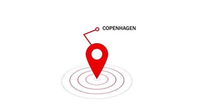 Animated red map location pin marker pointing to copenhagen denmark with expanding concentric circular radar waves for travel navigation logistics digital mapping and global positioning system