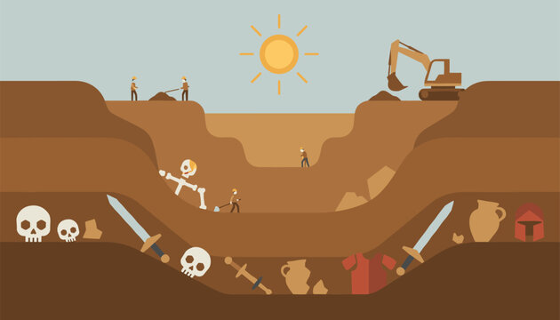 Cross section of an archaeological dig site showing underground layers with skeleton, ancient swords, helmets, and pottery.