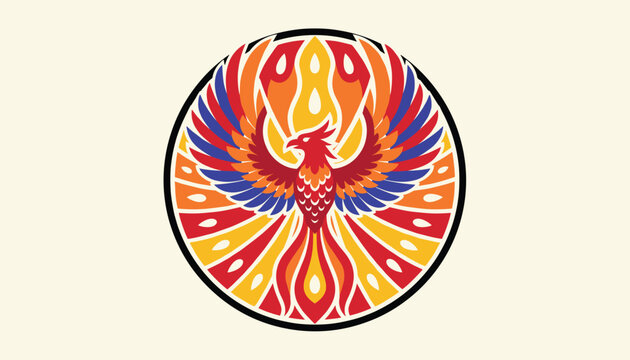 Colorful round emblem featuring a stylized phoenix bird with spread wings in red, blue, orange, and yellow hues.