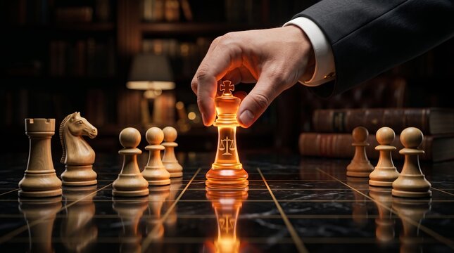Hand moving a glowing chess king piece on a dark strategy board representing leadership with chess game strategic thinking business leadership decision making competitive strate