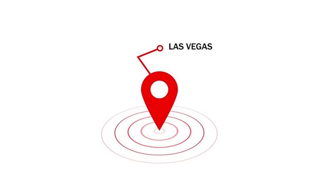 Animated red map pin marker pointing to las vegas location with pulsing radar circles and geographic pointer line for travel, navigation, tourism, and digital mapping interface projects