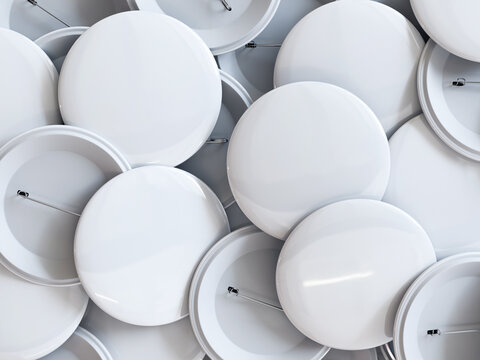 Multiple white pin buttons mockup overhead flat lay view