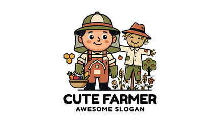Fototapeta premium Cute Farmer Mascot Logo Featuring Beekeeper and Scarecrow Characters.