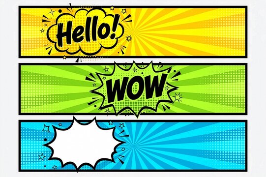 Pop art comic book web banners with speech bubbles on colorful halftone backgrounds