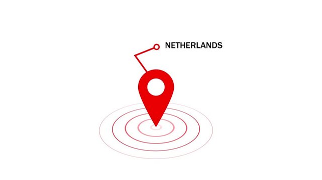 Animated red map location pin pointing to netherlands with pulsing radar circles on a clean white background, travel, logistics, global business, and geographic data visualization