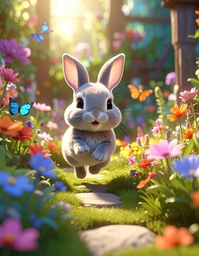 Rare pets, Adorable Dwarf Rabbit Hopping Through a Flower Garden