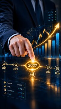 Business growth 2027 forecast, financial data chart, corporate strategy success concept