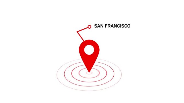 Animated red map pin marker pointing to san francisco location on white background, digital gps navigation with pulsing radar circles for travel, logistics, business mapping, and global tracking