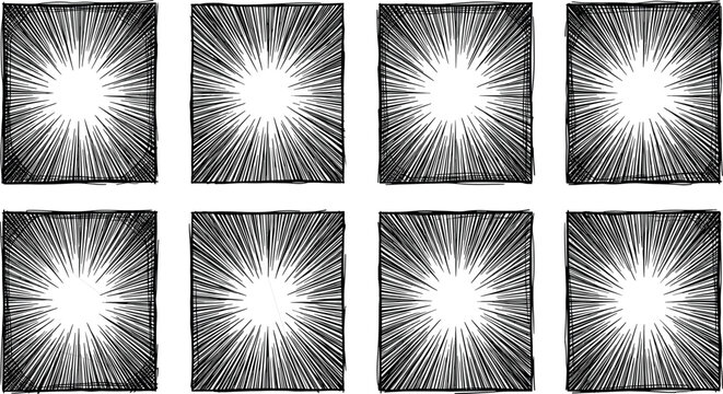 Hand drawn comic book speed lines and zoom effect frames vector set featuring sketchy manga style action borders for dynamic splash pages