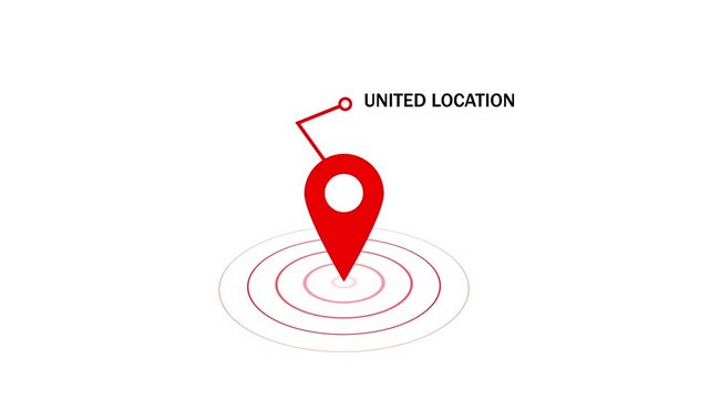 Animated red map pin marker with pulsing radar circles and united location text label for digital navigation, global positioning systems, travel logistics, and modern user interface