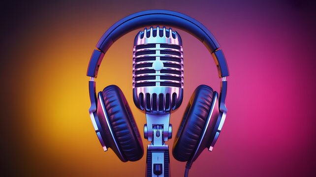 Vintage Microphone with Headphones on Colorful Gradient Background