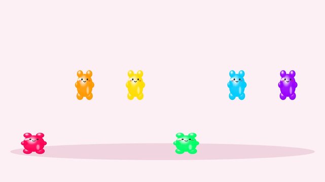 Gummy Motions Colorful Gummy Bear Candy Characters Bouncing on Pink Background