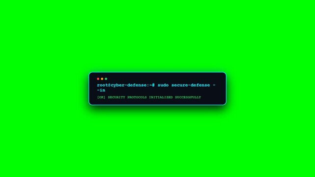 Animated hacker Linux terminal prompt executing cyber security commands on green screen