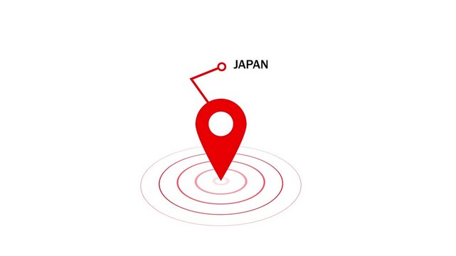 Animated red map pointer pin indicating japan location with pulsing radar circles and geographic connection line on a clean minimalist white background, for travel, logistics, and global business