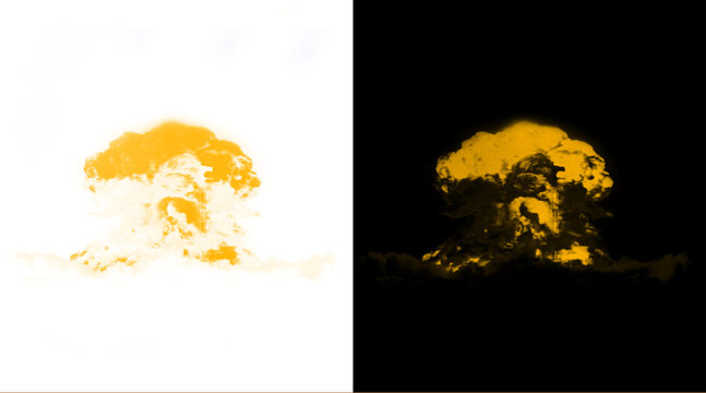 Nuclear explosion mushroom cloud illustration, golden atomic blast icon set, fiery smoke explosion on black and white background