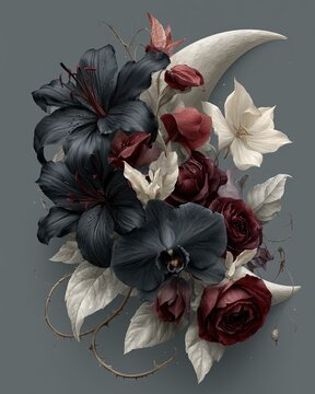 Gothic Crescent Moon Floral Arrangement with Black Lilies and Burgundy Roses