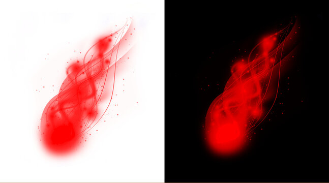 Glowing red energy fireball with smoke trails, ethereal magic flame effect on black and white backgrounds, mystical spirit orb illustration