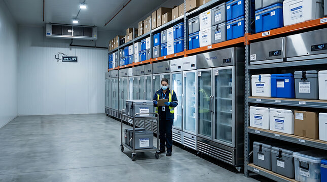 Warehouse worker ensuring efficient cold chain logistics in a vast refrigerated storage facility, managing inventory and daily operations for optimal distribution