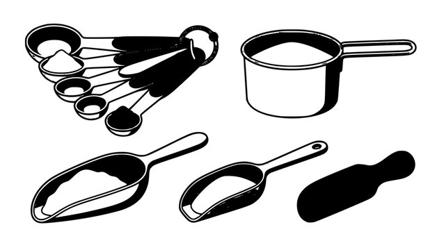 Baking Measurement Action Icons Showing Kitchen Spoons Scoops and Ingredient Portioning for Cooking Recipes