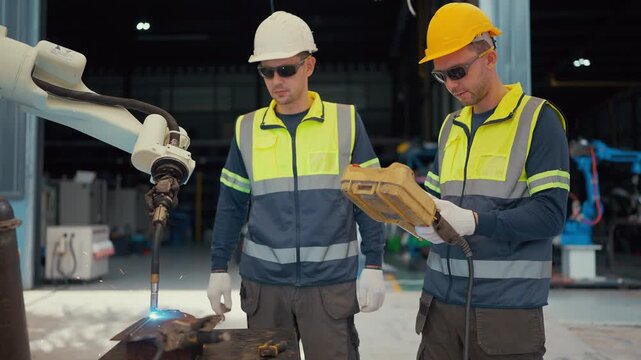 Two workers in safety gear observe a welding robot. They focus on sparks flying from the welding point. The worker holds a metal piece