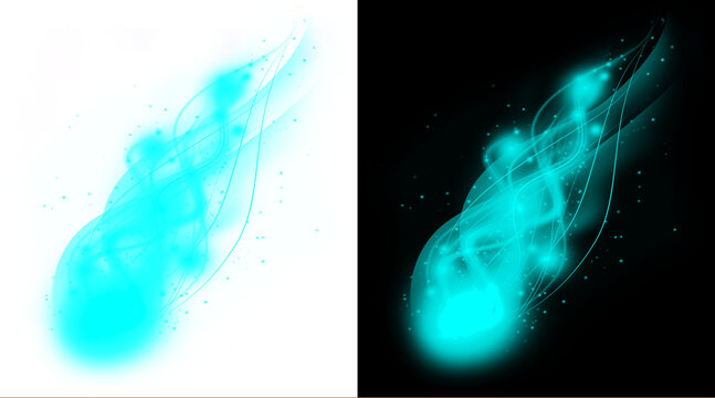 Cyan glowing magic fireball with smoke trails, ethereal blue energy flame effect, mystical light trail with sparkles for gaming and fantasy design