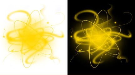 Glowing golden light swirls, abstract yellow energy trails with sparkles. Radiant magic aura effect, luminous motion lines on black and white backgrounds. © Anamul