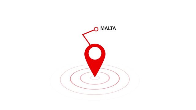 Animated red map pointer pin indicating malta location on white background, with pulsing radar, circles and geographic, labeling for travel, logistics, global business, navigation, and digital mapping