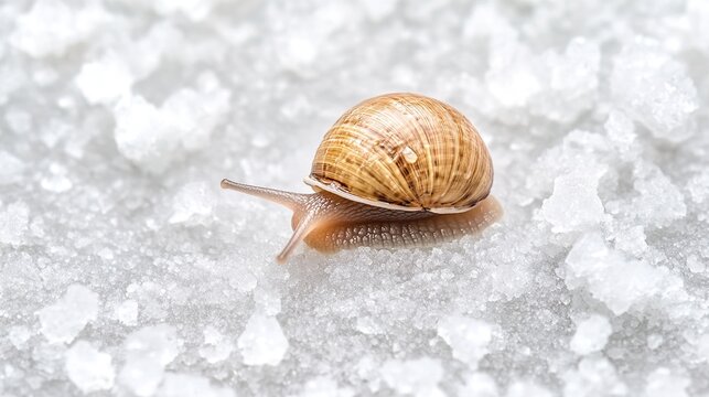 gastropod. A snail moving slowly across a surface of coarse salt crystals in an extreme close-up. wildlife magazines, conservation campaigns, designed for wildlife conservation campaigns.