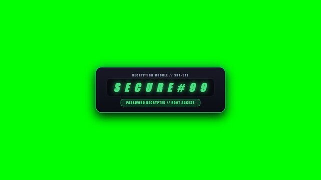 Animated brute force cyber attack password decryption cracker terminal on green screen
