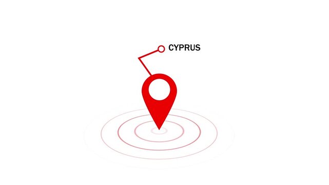 Animated red map pointer pin indicating cyprus location on white background, with pulsing radar, circles for geographic, navigation, travel planning, global logistics, and, digital mapping interface