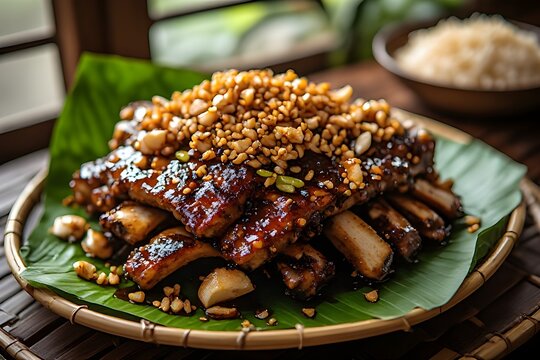 filipino pork ribs adobo served beautifully over a bright green banana leaf on a flat woven bamboo plate (bilao).