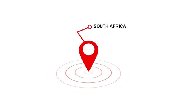 Animated red map pin marker pointing to south africa with pulsing location rings and dynamic callout line on a clean white background, for travel, logistics, global business, and, geographic mapping