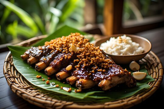 filipino pork ribs adobo served beautifully over a bright green banana leaf on a flat woven bamboo plate (bilao).