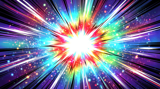Vibrant colorful explosion with sharp radiating lines and glowing star particles