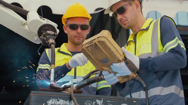 Worker controls robotic arm with handheld device. Focused operator in high-visibility vest. Industrial setting with blue robotic arm