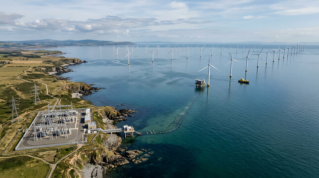 Aerial view of offshore wind farm connected to onshore substation on a rocky coast