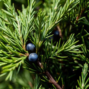 A detailed close up view of juniper foliage showcasing vibrant green needles and distinctive blue purple berries highlighting the plant's natural beauty and botanical characteristics
