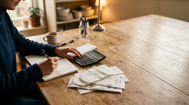 Man Calculating Household Expenses and Managing Personal Budget with Receipts and Calculator