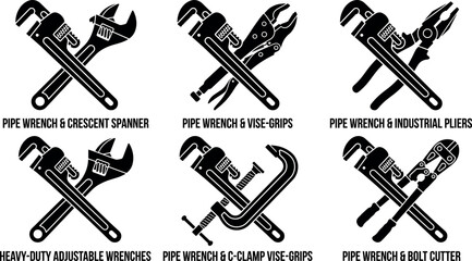 Plumbing and mechanical hand tools vector silhouette set featuring crossed pipe wrenches spanners and clamps © AFSANA AKTER