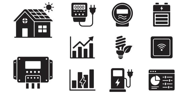 Collection of smart home technology icons for renewable energy and connectivity.