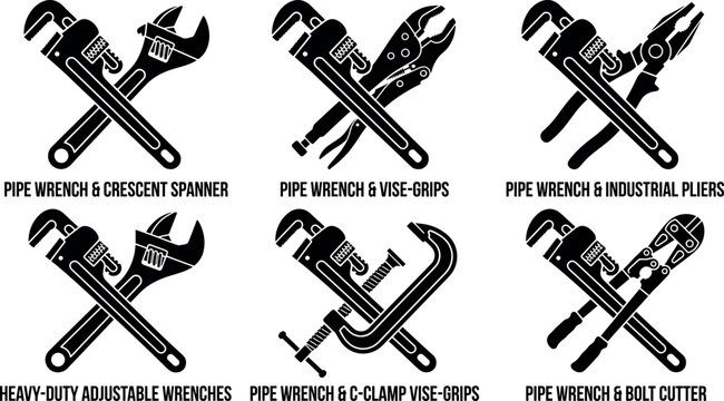 Plumbing and mechanical hand tools vector silhouette set featuring crossed pipe wrenches spanners and clamps