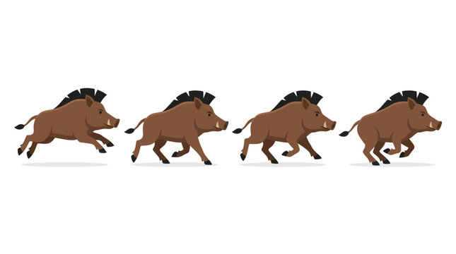 Animation Sprite Sheet of a Cartoon Wild Boar Running in Four Frames, Vector Illustration of a Forest Animal Run Cycle Isolated on White Background for Game Development